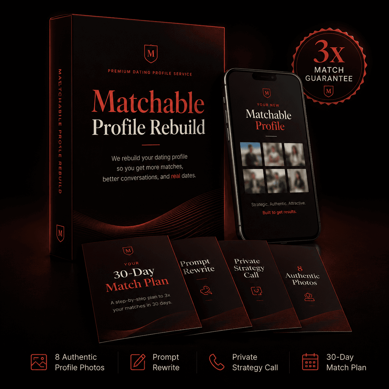 Matchable Profile Rebuild product preview showing new profile photos, prompt rewrite, texting guide, swipe strategy, and the 30-day guarantee.