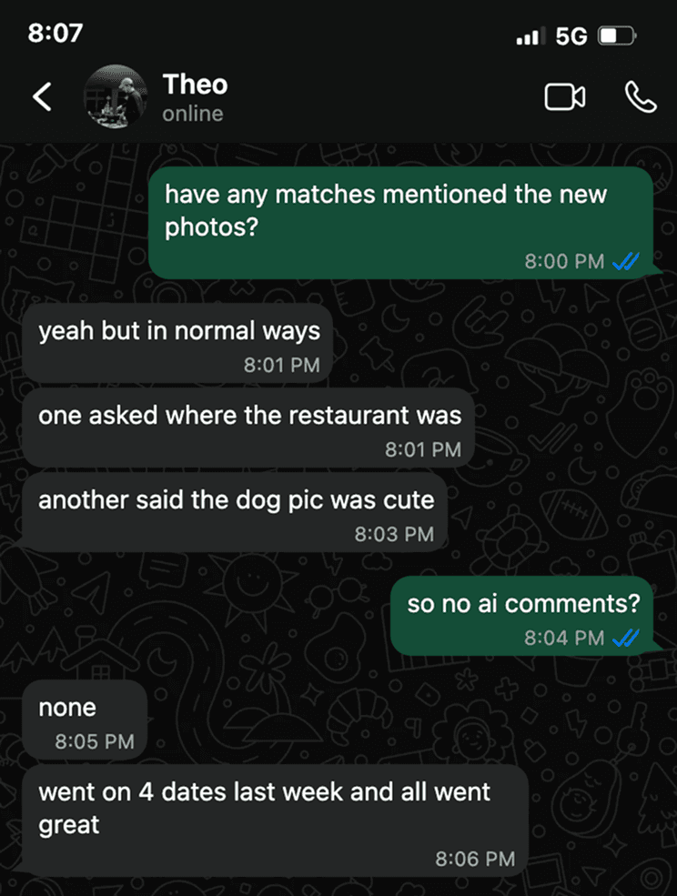 Text proof from Theo saying matches mentioned the setting and dog photo, not AI.