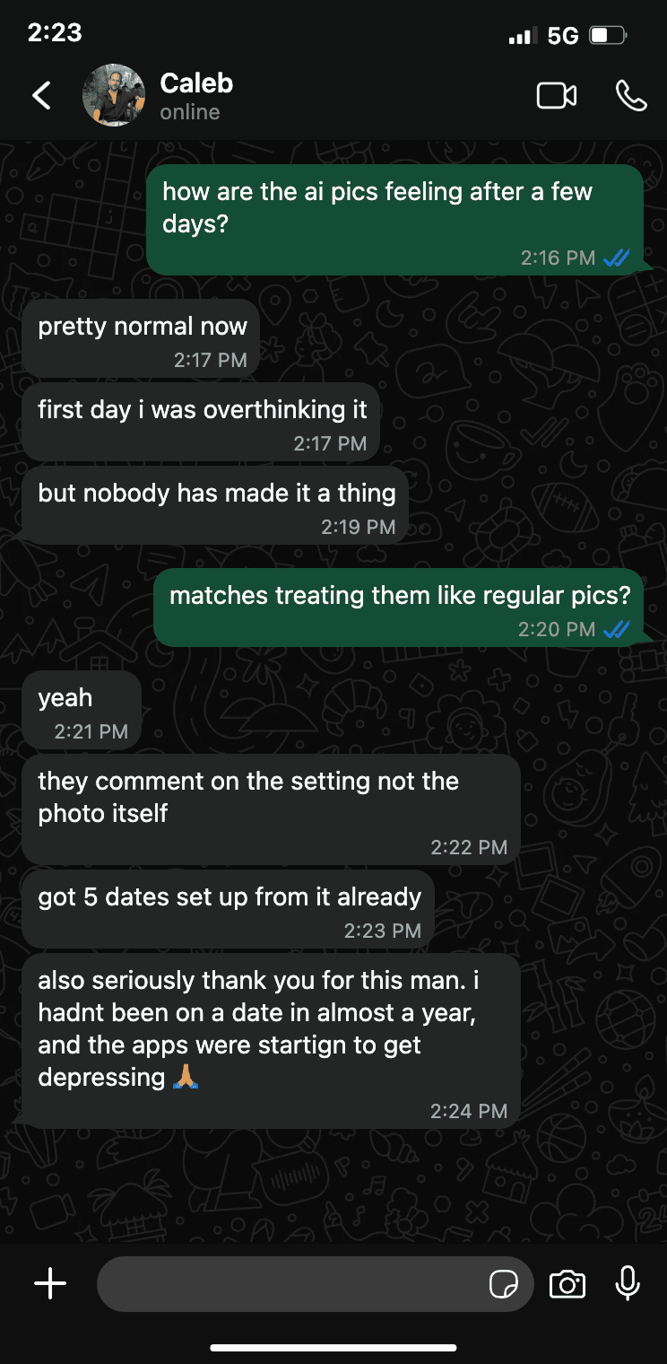 Text proof from Caleb saying he had five dates set up after the new photos.