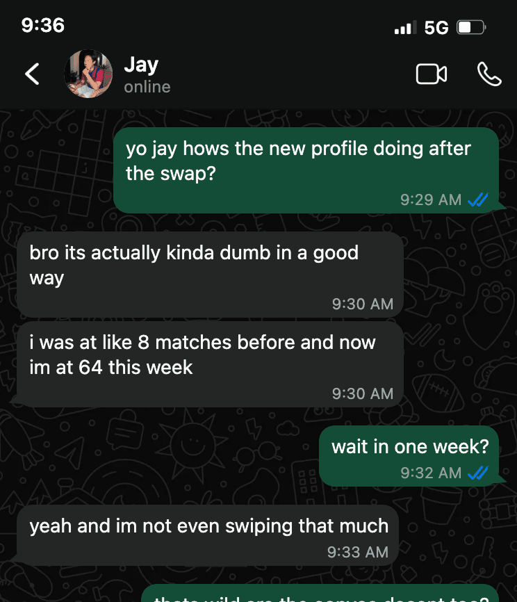 Text proof from Jay showing matches rising from 8 to 64 in one week.