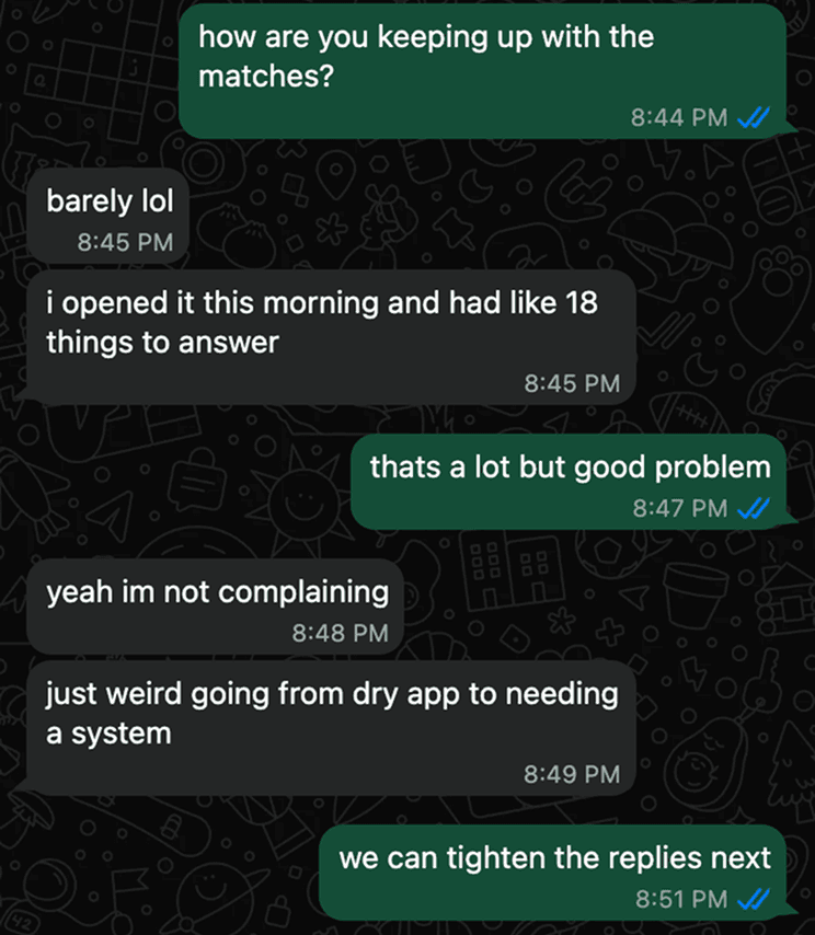 Text proof showing a client with 18 conversations to answer after launch.