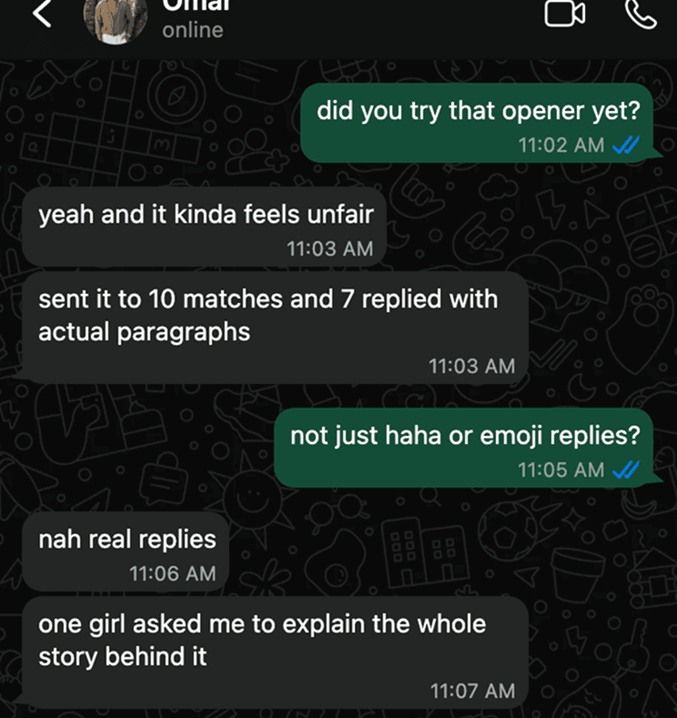 Text proof from Omar showing seven paragraph replies from ten matches.