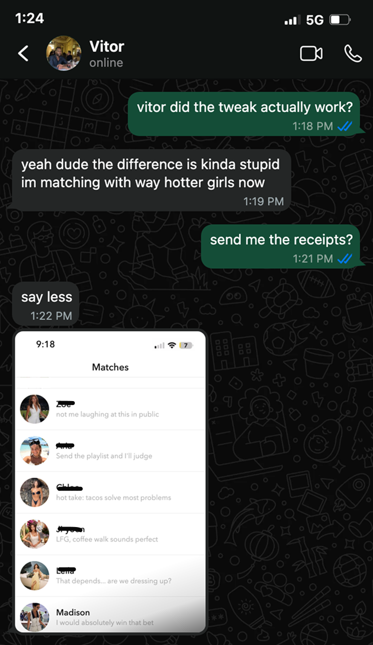 Text proof from Vitor showing stronger matches after the profile tweak.