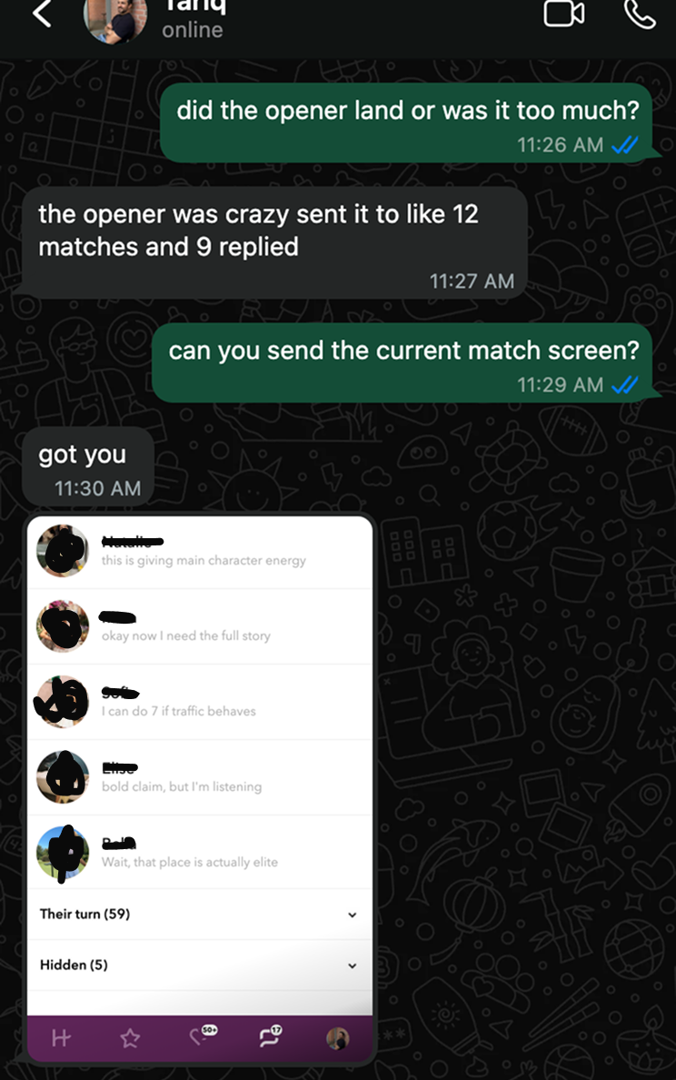 Text proof from Tariq showing nine replies from twelve openers.